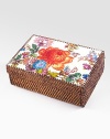 A perfect place to keep special letters, photos or other personal treasures, handcrafted of responsibly harvested bamboo with an exuberant floral design. Hinged lid Floral design on enameled steel Bamboo rattan Brass hardware 3½H X 7W X 10L Imported 