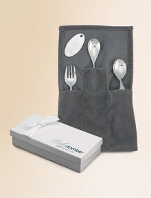 A three-piece set serves both little diners and their parents alike, as toddlers transition from needing adult assistance at mealtimes to feeding themselves. Forged of lustrous, 18/10 stainless steel with looped handles for a toddler to grasp securely, and a feeding spoon with a long handle just right for an adult to maneuver into a tiny mouth. Three-piece set Hand wash Imported 
