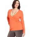 A slimming wrap design elegantly defines Charter Club's long sleeve plus size sweater-- it's an essential for the season!