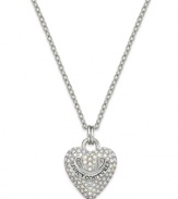 Love that glitters. Juicy Couture's pendant necklace features a darling heart charm embellished with pave crystals. Finished with a logo banner. Crafted in silver tone mixed metal. Approximate length: 30 inches + 3-inch extender. Approximate drop: 1 inch.