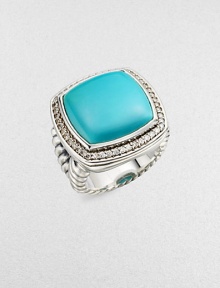 From the Albion Collection. A classic Yurman design, offering a smooth cushion of brilliant turquoise, framed in diamonds, on a split cable band of sterling silver.Diamonds, 0.48 tcw Turquoise Sterling silver About 1 square Imported From the Albion Collection. A classic Yurman design, offering a smooth cushion of brilliant turquoise, framed in diamonds, on a split cable band of sterling silver.Diamonds, 0.48 tcw Turquoise Sterling silver About 1 square Imported