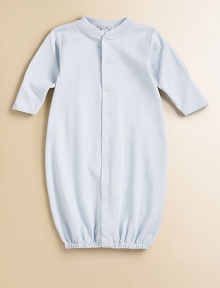 Pamper your little one with this soft, comfy and clever baby sack that converts to a coverall for easy dressing.Front button closure Snap bottom Legs have elastic cuffs Pima cotton Machine wash Imported Please note: Number of snaps may vary depending on size ordered. Pamper your little one with this soft, comfy and clever baby sack that converts to a coverall for easy dressing.Front button closure Snap bottom Legs have elastic cuffs Pima cotton Machine wash Imported Please note: Number of snaps may vary depending on size ordered.