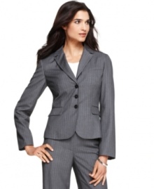 A work wardrobe essential: the pinstriped jacket. Calvin Klein gives this one a three-button closure and a tailored fit. A work wardrobe essential: the pinstriped jacket. Calvin Klein gives this one a three-button closure and a tailored fit.