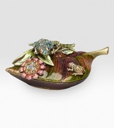 From the Meadow Collection. A charming tableau, presenting two jeweled frogs atop a lily-pad shaped hinged box of handcrafted enamel with glittering Swarovski crystal accents. Brass-plated pewter with handcrafted enamel and crystal 4½L X 1H X 2½D Made in USA