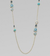 From the Rock Candy Collection. Teardrops, ovals and circles in rich shades of blue are set in gleaming gold and spaced on a long, delicate gold chain.Clear quartz, London blue topaz, amazonite and aquamarine18k yellow goldLength, about 37Lobster claspImported