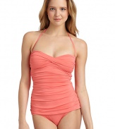 THE LOOKCrossover front bandeauSide ruchingCutout backBack tie closureTHE MATERIAL87% nylon/13% spandexFully linedCARE & ORIGINHand washImported