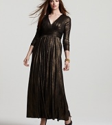 Shimmer from shoulder to toe in this knockout David Meister Plus metallic gown.