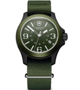 Nature is no match for you. Arm yourself with this ultra-durable watch by Victorinox Swiss Army. Olive green nylon strap and round olive green nylon fiber case with anti-reflective mineral crystal and aluminum bezel. Olive green dial features numerals at three, six and nine o'clock, stick indices, date window, military time, three hands and logo. Swiss quartz movement. Water resistant to 100 meters. Three-year limited warranty.