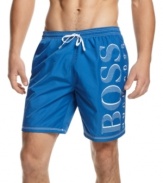 Bold beach style.  A pair of these Hugo Boss trunks updates your sand-ready style.