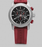 A classic chronograph design crafted with expert Swiss precision and a textured stainless steel bezel. Second hand Date display at 4 o'clock Round case, 44mm, 1.73 Rubber logo strap, 24mm, 0.94 Water resistant to 10 ATM Swiss quartz chronograph movement Imported 