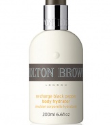 Turn your skin back on. Our instantly absorbed body hydrator re-charges your skin with moisture and condition. Great after showering or exposure to the sun, the spicy fusion of Madagascan black peppercorn oil leaves your skin feeling comfortable and protected, with an understated warm aroma. 6.6 oz. 