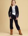 Sporty and girlie, this plush velour hoodie with signature zip pull and striped lining is the perfect seasonal topper.Attached hood with striped liningFront zip with attached J pullLong sleevesSplit kangaroo pockets with buttonsRib-knit cuffs and bottom band78% cotton/22% polyesterMachine washImported