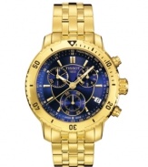Pristine styling mixed with chronograph functionality make Tissot's PRS 200 a must-have dress watch. Crafted of gold PVD plated stainless steel bracelet and round case. Bezel features black numerals and stick indices. Blue chronograph dial features tachymeter scale, date window at four o'clock, luminous gold tone stick indices and hands, minute track, three subdials and logo. Swiss quartz movement. Water resistant to 200 meters. Two-year limited warranty.