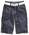 Fine lines. He can toe the line between bold and subtle with the clean lines on these chambray shorts from Guess.