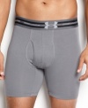 Boxer briefs in a medium-length leg that works equally well under sports gear or sportswear: Under Armour 6-inch inseam trunks with anti-odor technology, four-way stretch construction, and a durable rubber collar for comfort fit without losing shape.
