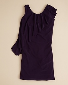 Leaving one shoulder bare, a gently cascading ruffle runs from shoulder to hem on Un Deux Trois' elegant Grecian dress. Leaving one shoulder bare, a gently cascading ruffle runs from shoulder to hem on Un Deux Trois' elegant Grecian dress.