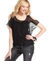 Sparkling rhinestones add serious glitz appeal to this sheer, shoulder cutout top from One Clothing. For a cool way to rev-up your day look, rock the top with a pair of rugged jeans.