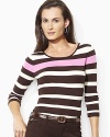 A classic ribbed cotton tee is given a chic update with three quarter sleeves and an elegant scoop neckline.