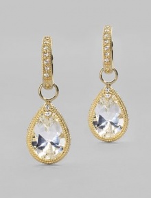Like a crystalline dewdrop, these faceted white topaz stones, accented with diamonds, are radiant within settings of 18k yellow gold. White topaz Diamonds, 0.04 tcw 18k yellow gold Charm length, about ¾ Charm width, about ½ Jump ring bale Imported Please note: Earrings sold separately Like a crystalline dewdrop, these faceted white topaz stones, accented with diamonds, are radiant within settings of 18k yellow gold. White topaz Diamonds, 0.04 tcw 18k yellow gold Charm length, about ¾ Charm width, about ½ Jump ring bale Imported Please note: Earrings sold separately
