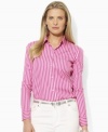 A feminine interpretation of classic menswear style, this petite Lauren by Ralph Lauren shirt is tailored for polished elegance in crisp cotton broadcloth with bright variegated stripes.