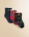 Festive plaid socks keep tiny feet comfy and cozy.Non-skid bottoms58% cotton/22% polyester/18% nylon/1% rubber/1% spandexMachine washImported