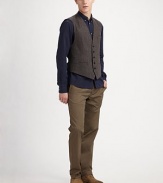 Set a new sartorial standard with this modern interpretation of the classic waistcoat, woven in fine wool with a colorblocked back. Buttonfront Decorative chest, waist pockets 80% wool/20% polyester Dry clean Imported 