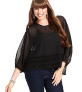 A sheer winner: ING's three-quarter sleeve plus size top, punctuated by crochet trim.