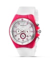 A sporty watch with a bold hot pink case, silvertone accents and a sleek silicone strap.