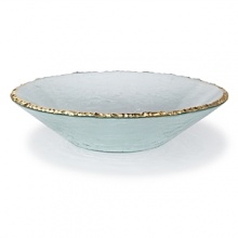 After a hammered edge is carefully created around the circumference of this richly textured glass bowl, craftsmen hand-paint an opulent band of gold for a breathtaking finish. After a hammered edge is carefully created around the circumference of this richly textured glass bowl, craftsmen hand-paint an opulent band of gold for a breathtaking finish.