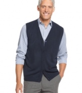 Show your soft side with this easy-wear, button-front sweater vest from Geoffrey Beene.