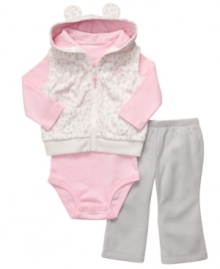 It's a jungle out there. Keep her cozy as she makes her way through the day's adventures in this 3-piece bodysuit, vest and pant set from Carter's. It's a jungle out there. Keep her cozy as she makes her way through the day's adventures in this 3-piece bodysuit, vest and pant set from Carter's.