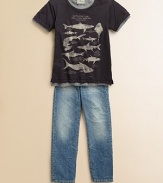 Boys will be too cool for school in stonewashed cotton denim with slight distressing and worn details.Front button closureAdjustable waist with belt loopsZip flyFive-pocket styleBack logo patchCottonMachine washImported