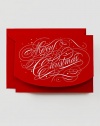 Elegant swirls of white spelling Merry Christmas dotted with gold on this cheery red card convey the magic of the season. Inside reads May your season be merry and bright engraved in white ink.Set of 10 cards5.5 X 7.38Made in USA