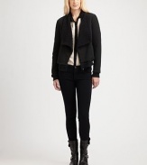 The cropped bomber updated in a shapely open-front style finished with faux sherpa shag at the lapels.Shawl lapelsOpen frontRibbed trimAbout 26 from shoulder to hem95% cotton/5% spandexDry cleanMade in USAModel shown is 5'10 (177cm) wearing US size Small.
