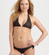 Beyond sexy, black diamond mesh details with a flesh-tone lining for a barely there look. Triangle cupsHalter strap ties at neckBack tie closureSelf-ties on stretch bottomFully lined80% polyamide/20% elastaneHand washMade in USA