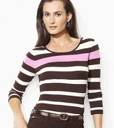 A classic ribbed cotton tee is given a chic update with three quarter sleeves and an elegant scoop neckline.