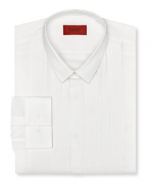 Slim fit tuxedo dress shirt with intricate pintuck detail in front. Small point collar. Barrel cuffs. Slim fit tuxedo dress shirt with intricate pintuck detail in front. Small point collar. Barrel cuffs.