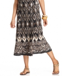 Warm up the season in this striking JM Collection skirt, featuring a tribal-inspired diamond print. Create an eye-catching ensemble with the matching top! Warm up the season in this striking JM Collection skirt, featuring a tribal-inspired diamond print. Create an eye-catching ensemble with the matching top!