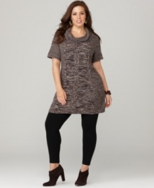 A cowl neckline and cable front showcase Style&co.'s short sleeve plus size tunic sweater-- it's available at an Everyday Value price! (Clearance)