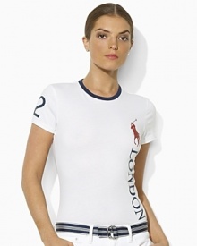 Accented with bold graphics to celebrate the 2012 Olympic Games, a short-sleeved crewneck tee is rendered in soft cotton jersey for lightweight comfort and style. Accented with bold graphics to celebrate the 2012 Olympic Games, a short-sleeved crewneck tee is rendered in soft cotton jersey for lightweight comfort and style.