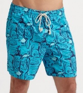 A colorful addition to summer fun and sun in bright, quick-dry nylon. Drawstring elastic waist Side slash, back flap pockets Inseam, about 6 Mesh lining Nylon Machine wash Imported 