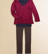 Heathered stripes, brushed for extra softness, make this knit top irresistibly comfy.Long sleeve pullover Attached hood Kangaroo pockets 25% Supima cotton/25% modal/25% polyester/19% cotton/6% rayon Machine wash Made in USA