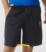 The short is designed for the serious athlete in a featherweight, moisture-wicking microfiber with ventilating perforations and an internal brief.