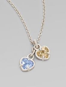 Two sweet faceted hearts, one of blue quartz, the other of canary crystal, are set in textured sterling silver and linked together on a sterling chain. Blue quartz and canary crystal Sterling silver Chain length, about 17 Pendant width, about ½ each Lobster clasp Imported Please note: Stone color may vary.