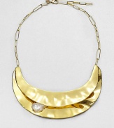 From the Miss Havisham Collection. Like a work of modern sculpture, these two undulating layers of polished goldtone have a luminous surprise - a doublet of mother-of-pearl and white quartz peeking out from in between.Mother-of-pearl and white quartzGoldtoneLength, about 16 plus 3 extenderLobster claspMade in USA