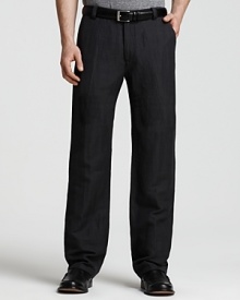 A modern straight leg pant from John Varvatos, rendered in a luxurious linen and cotton blend with a subtle allover plaid pattern. A modern straight leg pant from John Varvatos, rendered in a luxurious linen and cotton blend with a subtle allover plaid pattern.