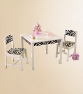The perfect workspace for finishing up homework, working on art projects or even enjoying a quick snack. This sturdy furniture set is crafted from solid wood with zebra striped artwork for a bold look the whole family will love.Decal stripes on table and chairsSmart, sturdy constructionMade of solid woodTable: 24L X 24W D 19HChair: 11.5L X 11.75W D 21.5H (seat: 12H28 lbsImported