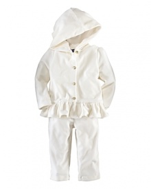 The sweet, cozy velour ensemble features a pretty ruffled hoodie with gold-tone RL-embossed buttons and a warm athletic-style pant. The sweet, cozy velour ensemble features a pretty ruffled hoodie with gold-tone RL-embossed buttons and a warm athletic-style pant.
