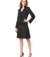 Tahari by ASL's skirt suit is adorned with a pinstripe and thoughtful design details, like a slightly ruffled collar and a classic A-line fit.