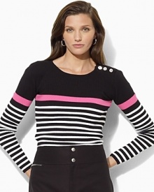 Accented with bold stripes and luxe silver-tone buttons, the Jomine sweater is a chic modern essential in soft ribbed-knit cotton. Accented with bold stripes and luxe silver-tone buttons, the Jomine sweater is a chic modern essential in soft ribbed-knit cotton.